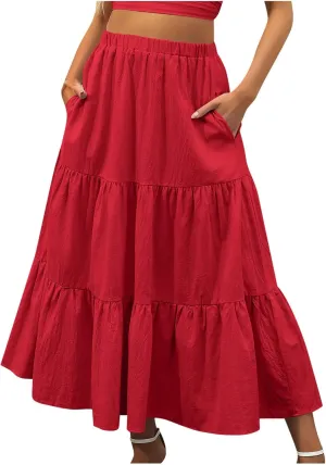 Women's Pleated Midi Skirts 2024 Casual Beach Boho Layered Flowy High Waist A-Line Ruched Swing Long Maxi Skirts