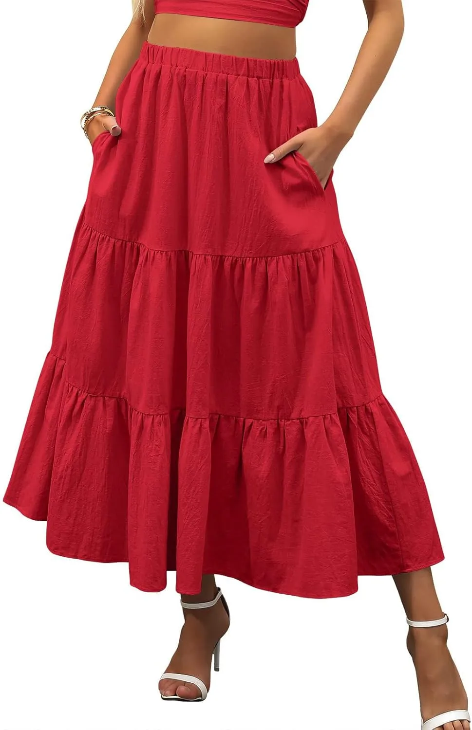Women's Pleated Midi Skirts 2024 Casual Beach Boho Layered Flowy High Waist A-Line Ruched Swing Long Maxi Skirts