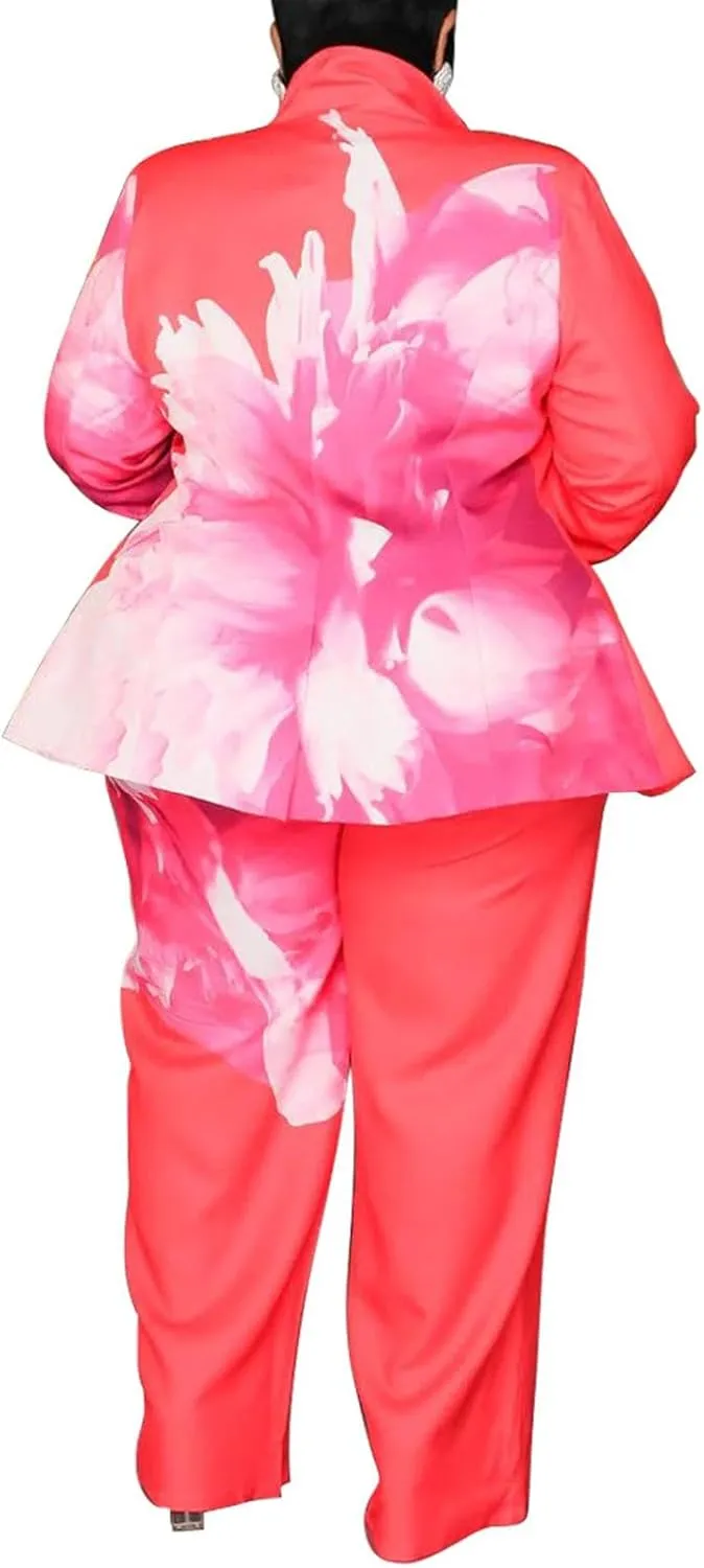 Women's Plus Size 2 Piece Floral Printed Outfits Soft Lightweight Open Front Long Sleeve Blazer Pants Suit Sets