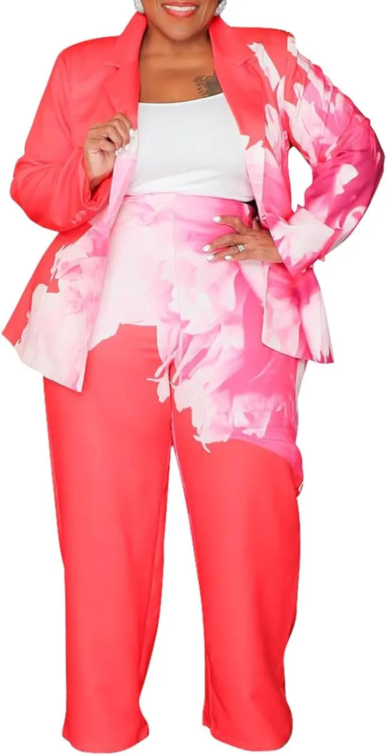Women's Plus Size 2 Piece Floral Printed Outfits Soft Lightweight Open Front Long Sleeve Blazer Pants Suit Sets