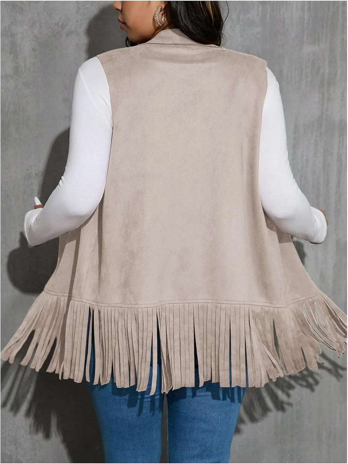 Women's Plus Size Fringe Suede Vest 70s Hippie Faux Western Jacket Tassel Sleeveless Cardigan