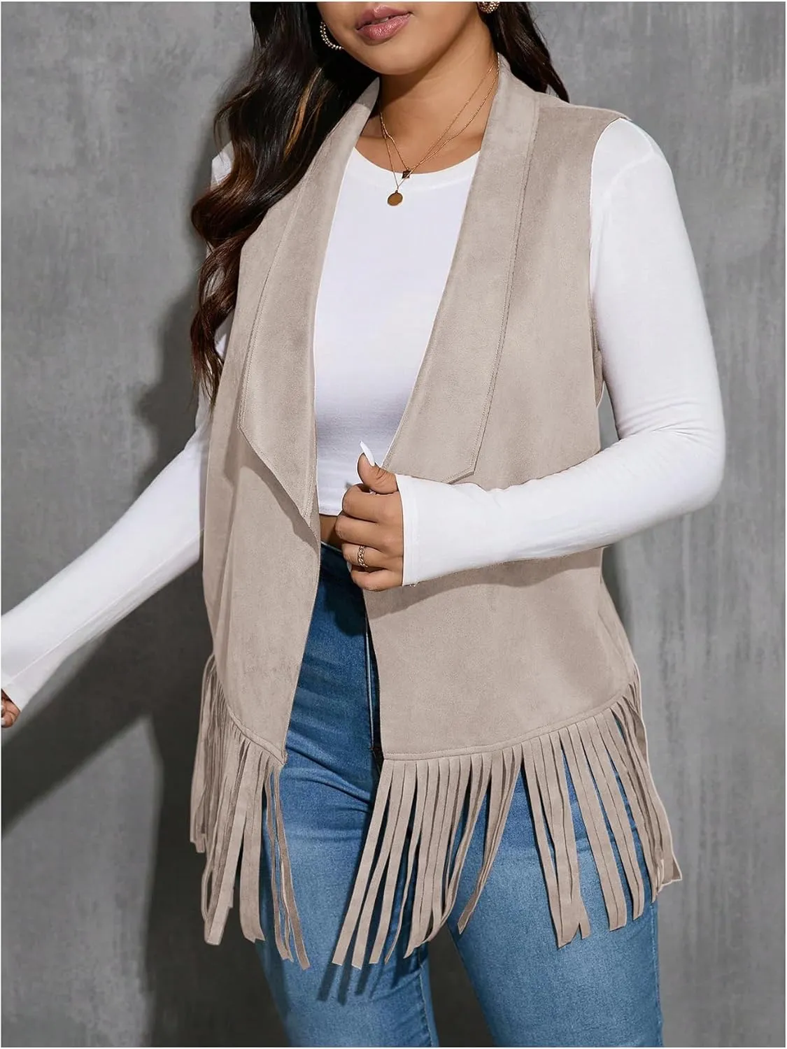 Women's Plus Size Fringe Suede Vest 70s Hippie Faux Western Jacket Tassel Sleeveless Cardigan