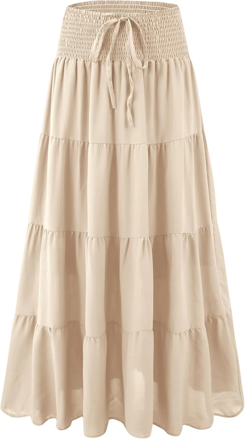 Womens Ruffle Maxi Skirts:High-Waist Elastic Pleated Long Skirt-Summer Casual Boho Flowy Skirts with Drawstring