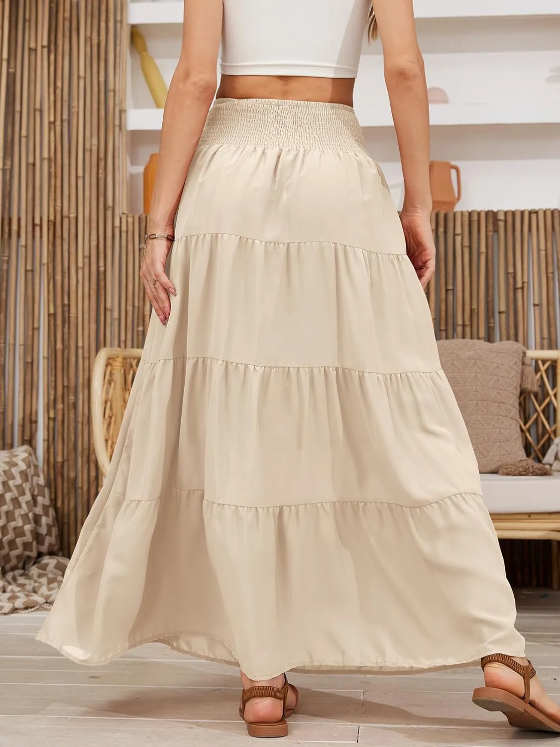 Womens Ruffle Maxi Skirts:High-Waist Elastic Pleated Long Skirt-Summer Casual Boho Flowy Skirts with Drawstring