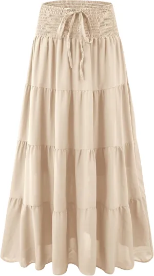 Womens Ruffle Maxi Skirts:High-Waist Elastic Pleated Long Skirt-Summer Casual Boho Flowy Skirts with Drawstring