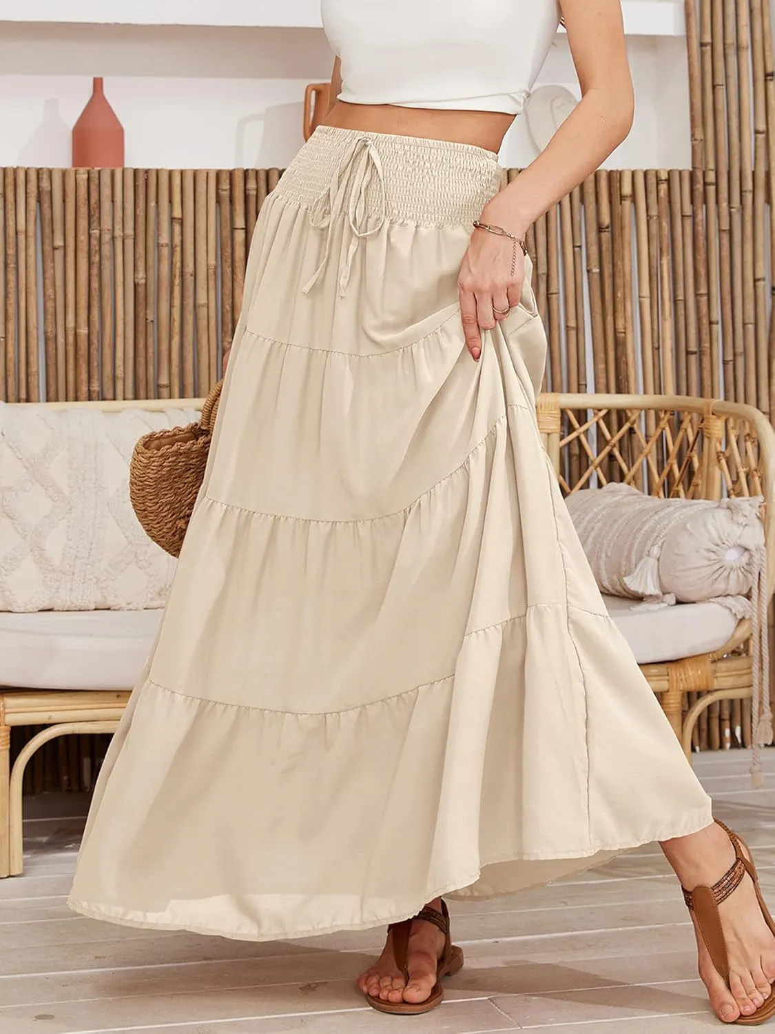 Womens Ruffle Maxi Skirts:High-Waist Elastic Pleated Long Skirt-Summer Casual Boho Flowy Skirts with Drawstring