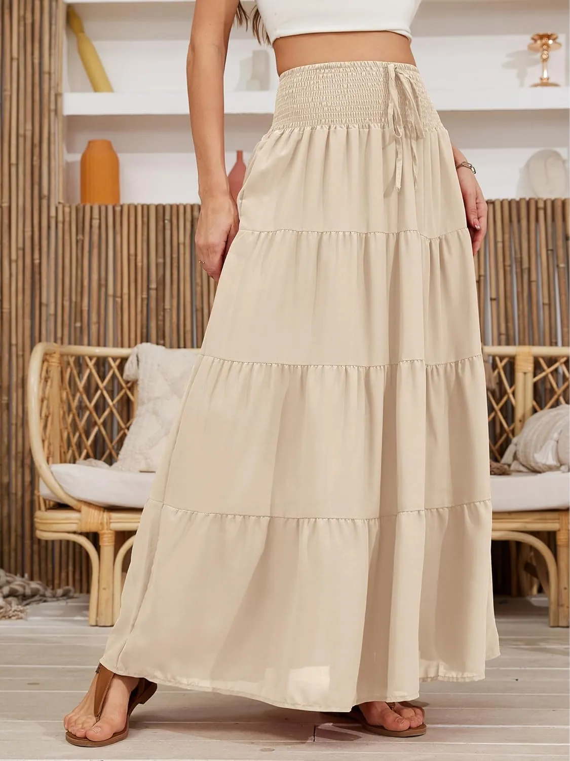 Womens Ruffle Maxi Skirts:High-Waist Elastic Pleated Long Skirt-Summer Casual Boho Flowy Skirts with Drawstring