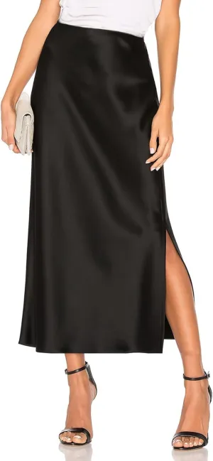 Women's Satin Midi Skirt Dressy Elastic High Waisted Silk Slip Flowy Ruffle Flared Cocktail Party Work A Line Skirts