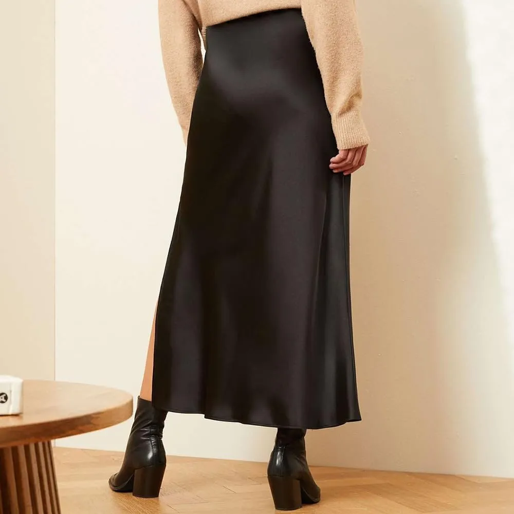 Women's Satin Midi Skirt Dressy Elastic High Waisted Silk Slip Flowy Ruffle Flared Cocktail Party Work A Line Skirts