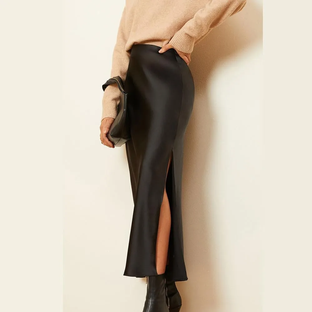 Women's Satin Midi Skirt Dressy Elastic High Waisted Silk Slip Flowy Ruffle Flared Cocktail Party Work A Line Skirts