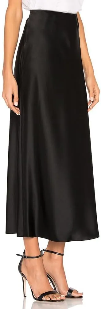 Women's Satin Midi Skirt Dressy Elastic High Waisted Silk Slip Flowy Ruffle Flared Cocktail Party Work A Line Skirts