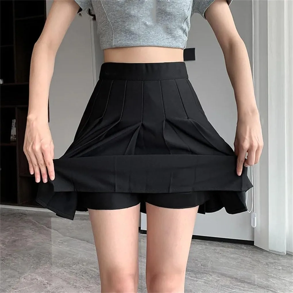 Women's Solid Color Elastic High Waist Pleated Skirt Woman Short A-Line Mini Skirt