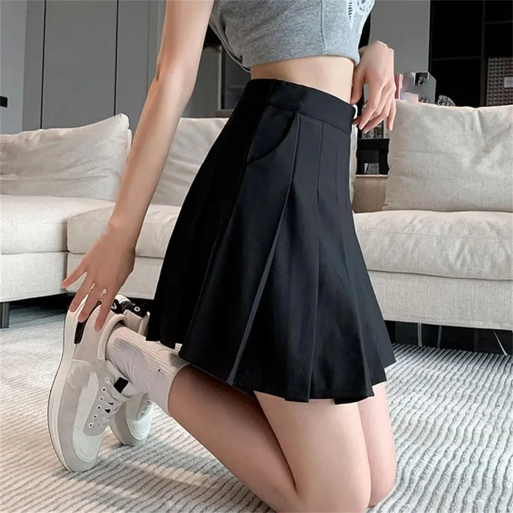 Women's Solid Color Elastic High Waist Pleated Skirt Woman Short A-Line Mini Skirt