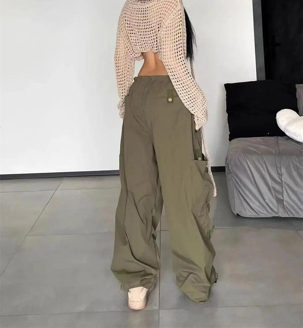 Women's Spring Casual Street High Waist Cargo Pants Drawstring Loose Trousers