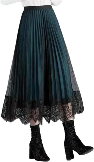 Women's Spring Vintage Lace Gauze Floral Loose Midi High-Waisted Skirts Female Clothing