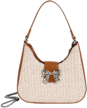 Womens Straw Hobo Bag Summer Beach Woven Shoulder Bag Stylish Bow-knot Crossbody Bag Purse Straw Bag for Travel Vacation