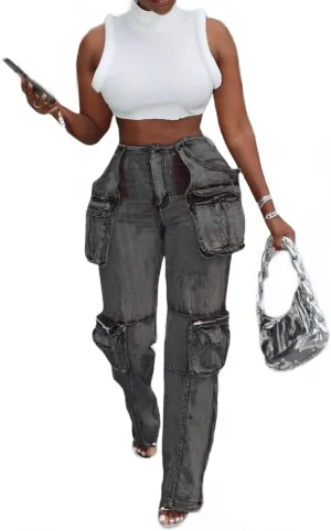 Women's Stretch Cargo Jeans with Multi Pockets, Novelty Fashion Y2K Denim Pants