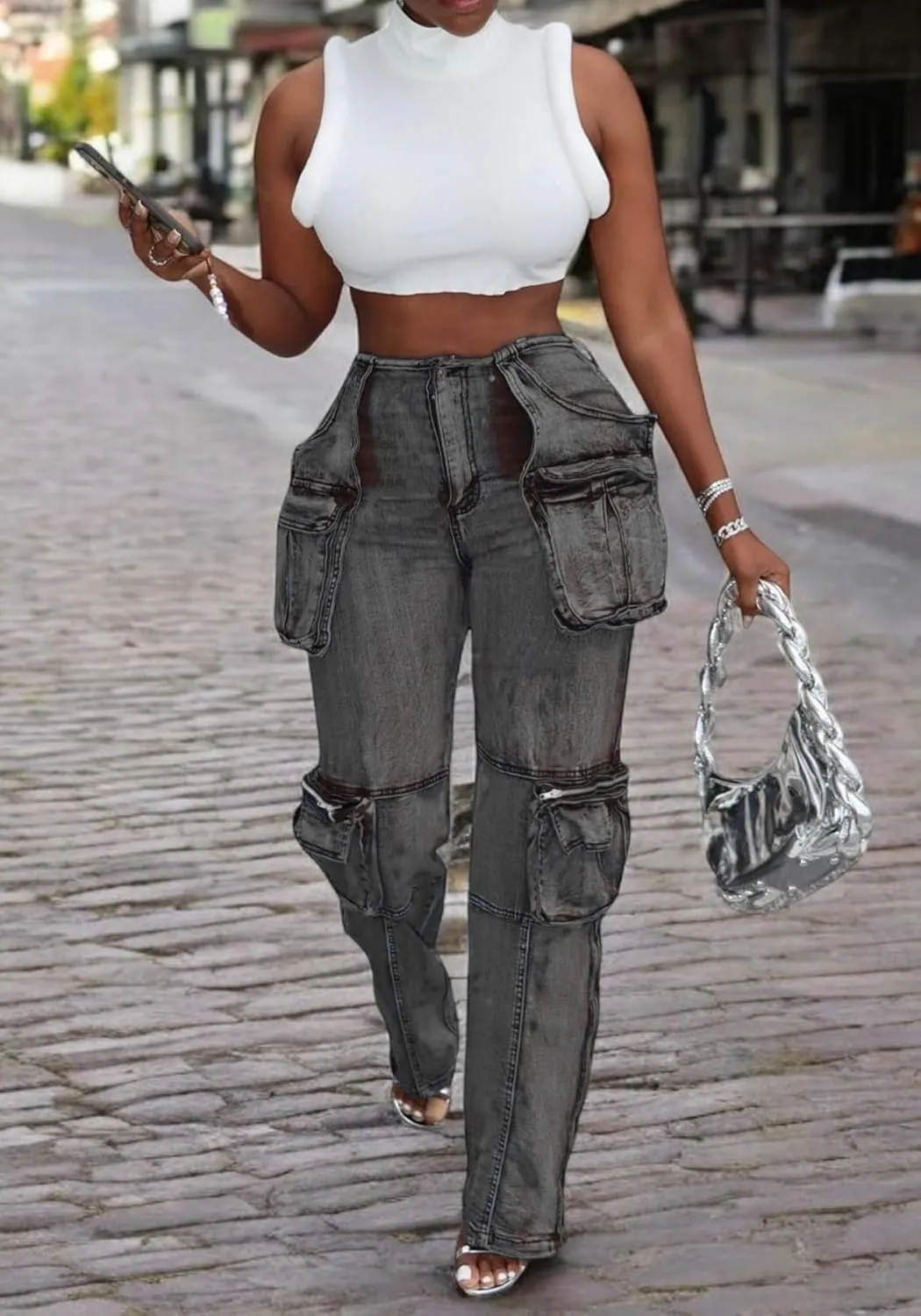 Women's Stretch Cargo Jeans with Multi Pockets, Novelty Fashion Y2K Denim Pants