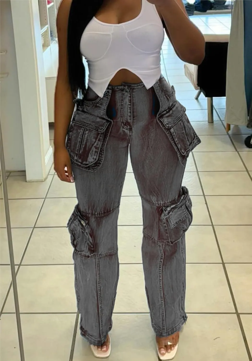 Women's Stretch Cargo Jeans with Multi Pockets, Novelty Fashion Y2K Denim Pants