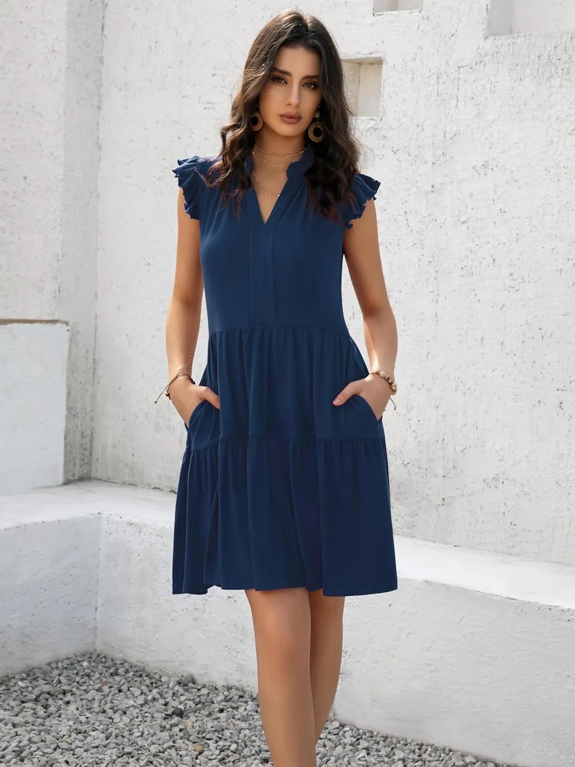 Womens Summer Casual Mini Dress Ruffle Sleeve V Neck Boho Sundress Flowy Babydoll Tiered Short Beach Vacation Dresses