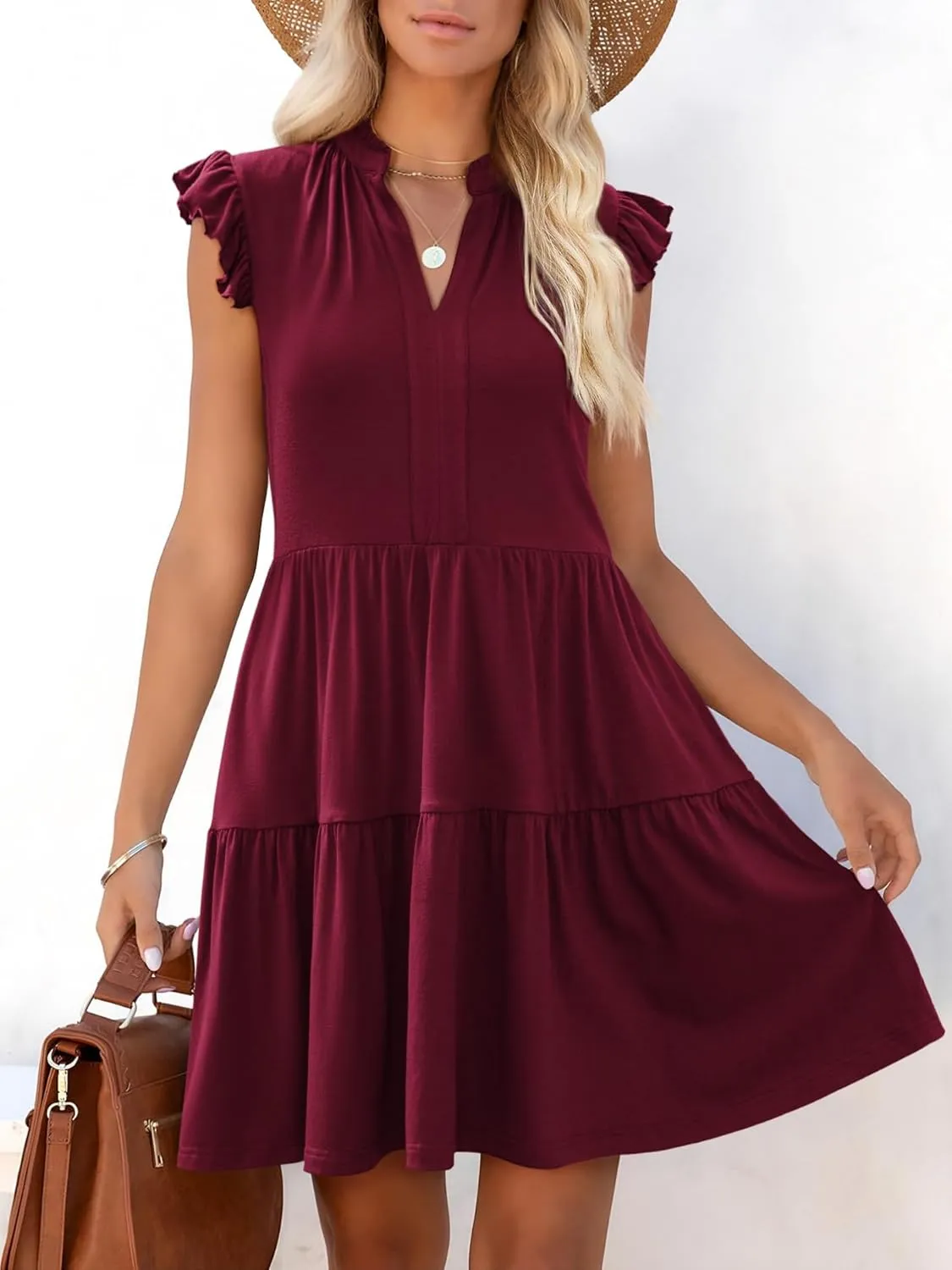 Womens Summer Casual Mini Dress Ruffle Sleeve V Neck Boho Sundress Flowy Babydoll Tiered Short Beach Vacation Dresses