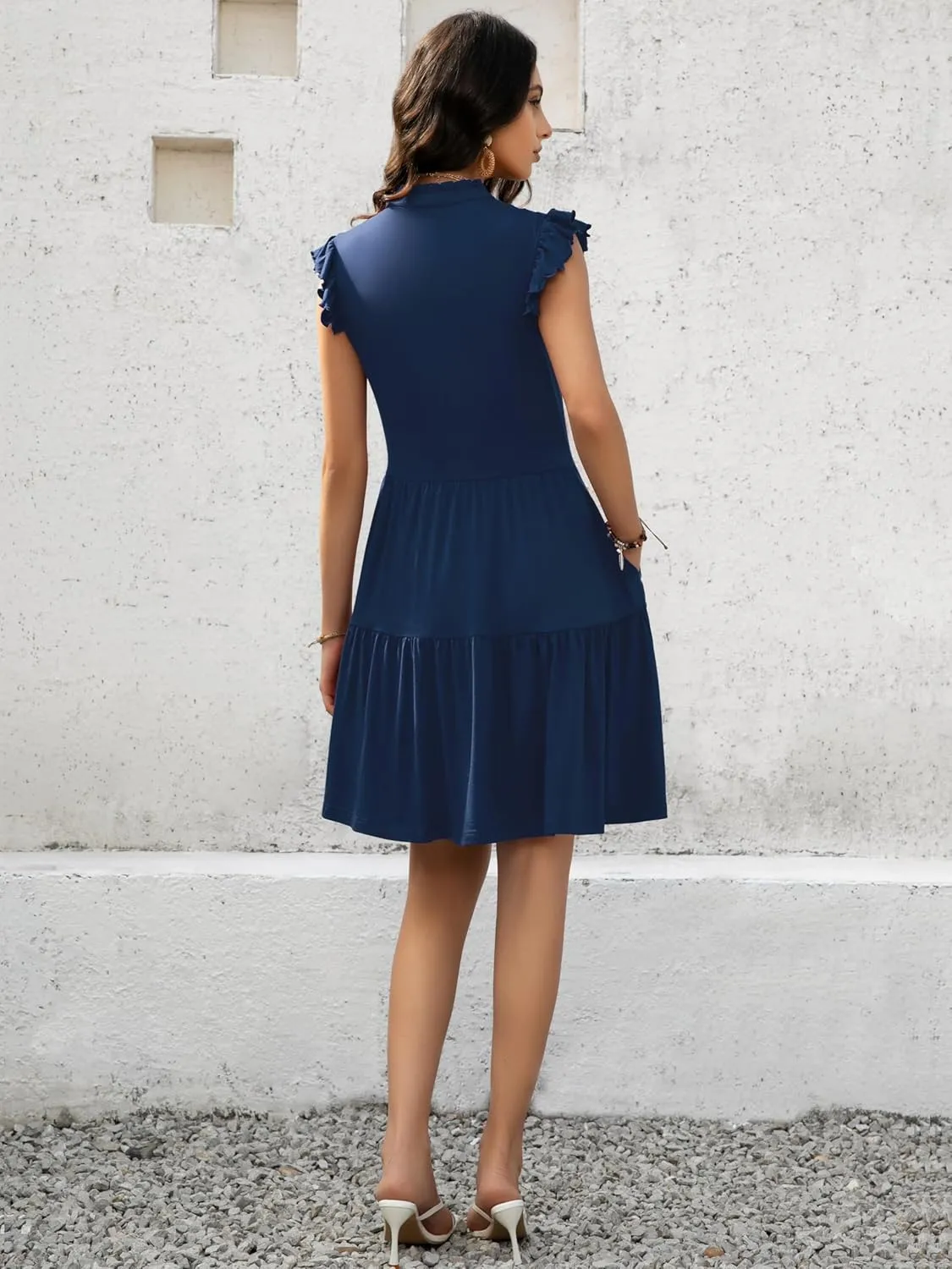 Womens Summer Casual Mini Dress Ruffle Sleeve V Neck Boho Sundress Flowy Babydoll Tiered Short Beach Vacation Dresses