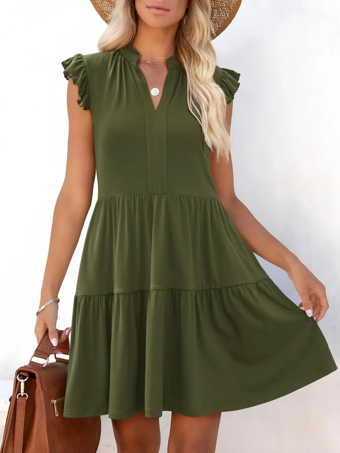 Womens Summer Casual Mini Dress Ruffle Sleeve V Neck Boho Sundress Flowy Babydoll Tiered Short Beach Vacation Dresses