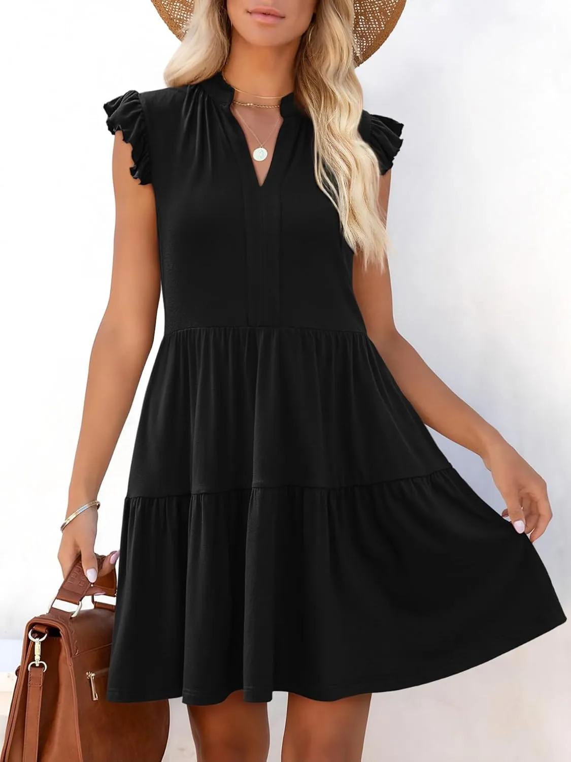 Womens Summer Casual Mini Dress Ruffle Sleeve V Neck Boho Sundress Flowy Babydoll Tiered Short Beach Vacation Dresses