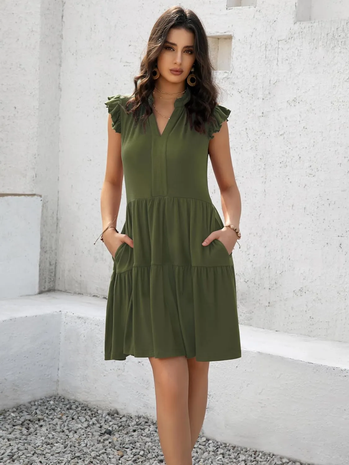 Womens Summer Casual Mini Dress Ruffle Sleeve V Neck Boho Sundress Flowy Babydoll Tiered Short Beach Vacation Dresses