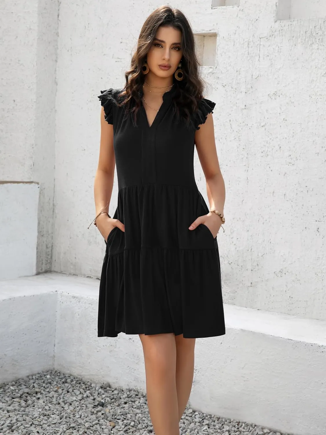 Womens Summer Casual Mini Dress Ruffle Sleeve V Neck Boho Sundress Flowy Babydoll Tiered Short Beach Vacation Dresses