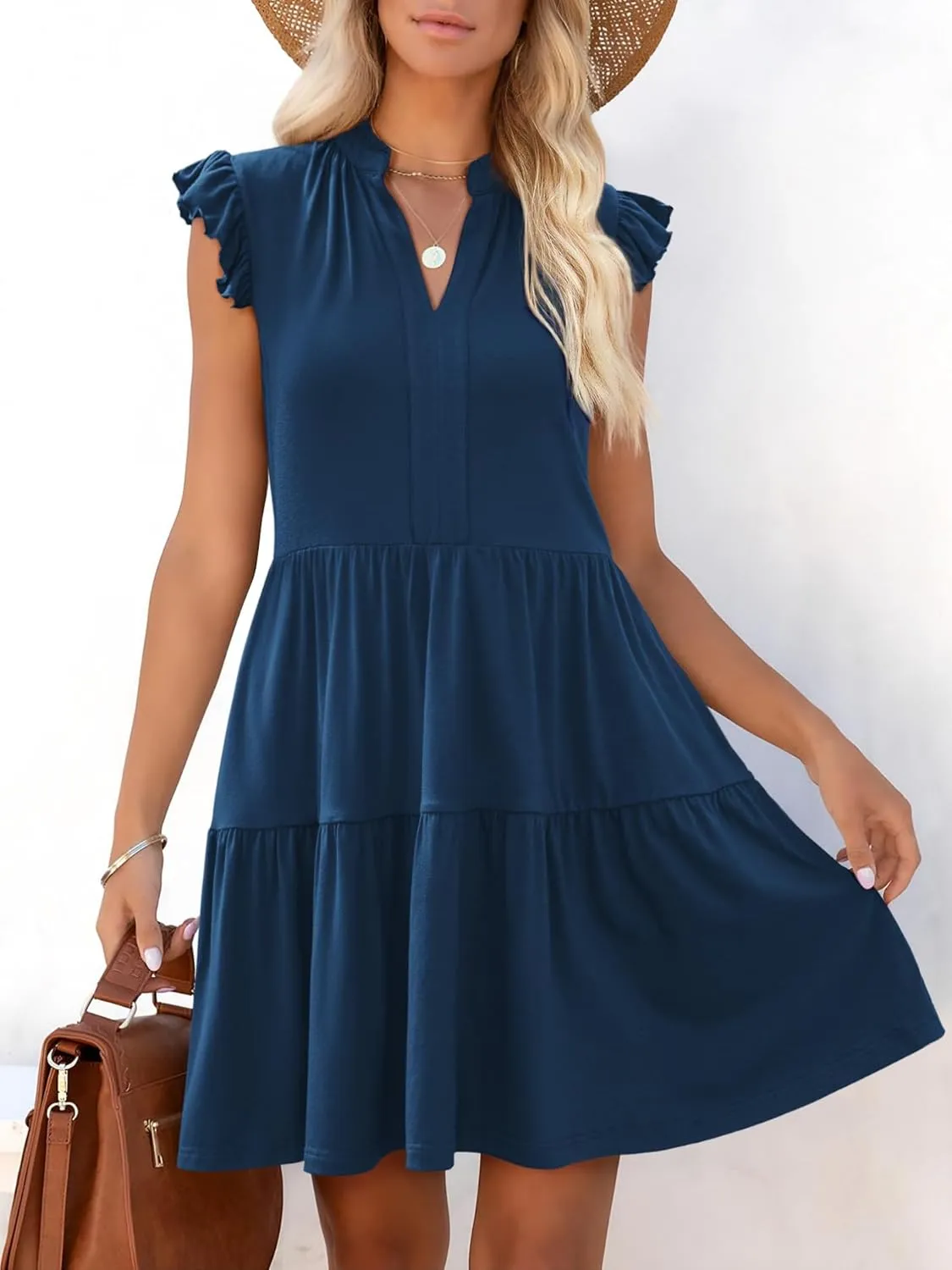 Womens Summer Casual Mini Dress Ruffle Sleeve V Neck Boho Sundress Flowy Babydoll Tiered Short Beach Vacation Dresses