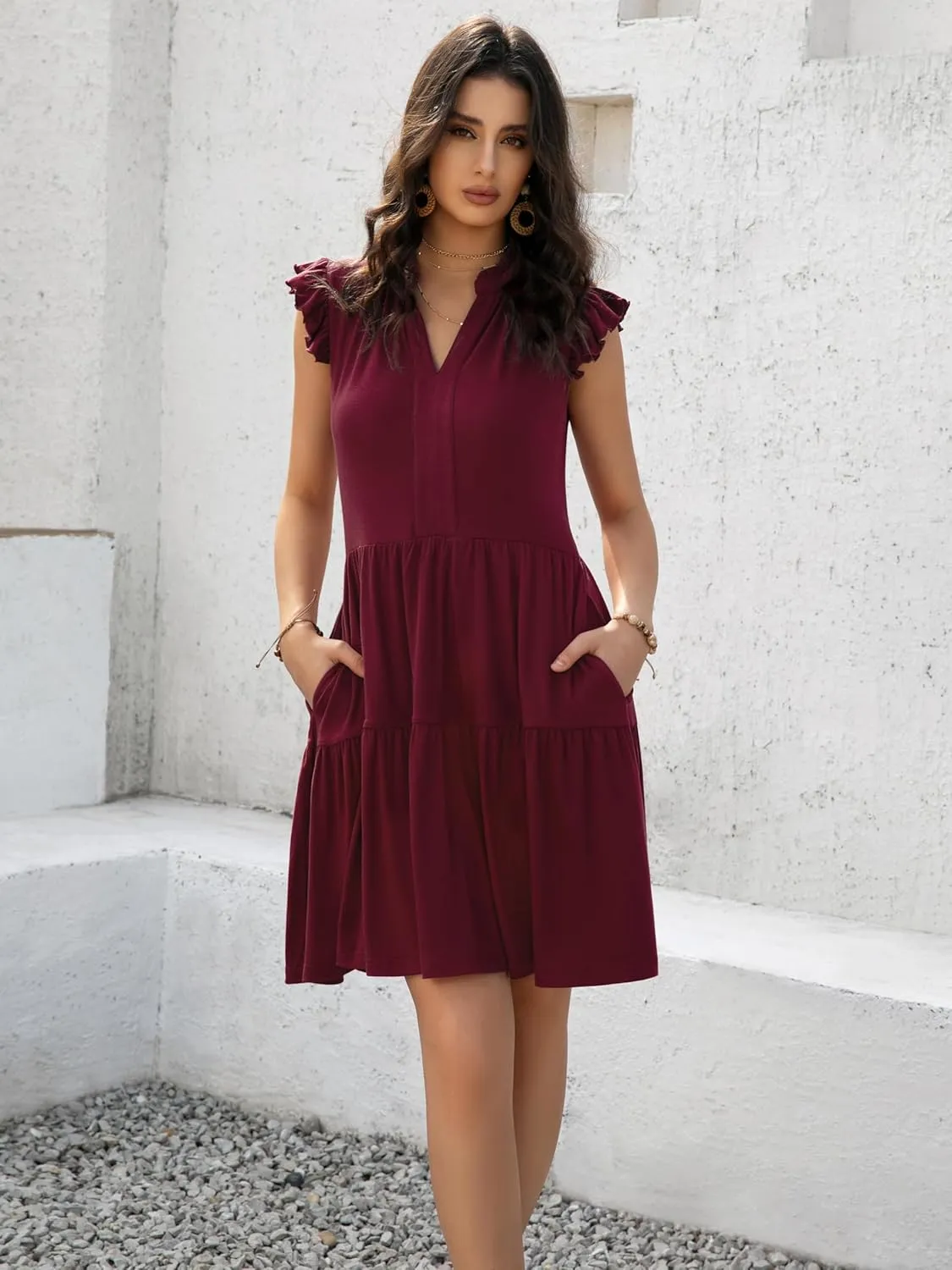 Womens Summer Casual Mini Dress Ruffle Sleeve V Neck Boho Sundress Flowy Babydoll Tiered Short Beach Vacation Dresses