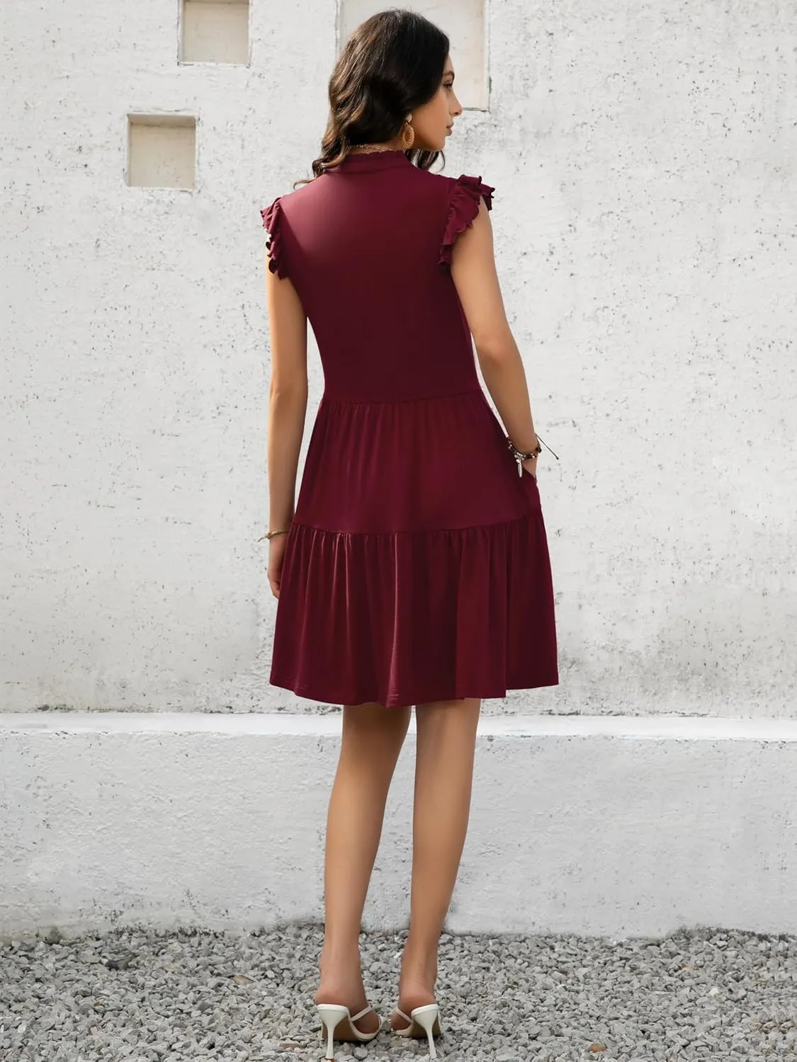 Womens Summer Casual Mini Dress Ruffle Sleeve V Neck Boho Sundress Flowy Babydoll Tiered Short Beach Vacation Dresses