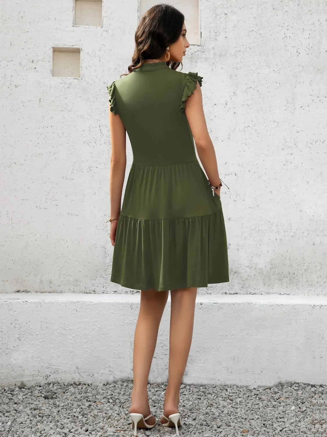 Womens Summer Casual Mini Dress Ruffle Sleeve V Neck Boho Sundress Flowy Babydoll Tiered Short Beach Vacation Dresses