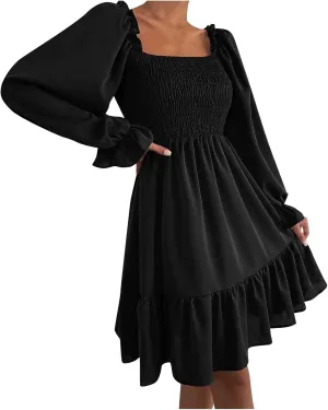 Women's Summer Dresses Boho Square Neck Smocked Bell Long Sleeve Casual A-Line Swing Ruffle Mini Babydoll Dress
