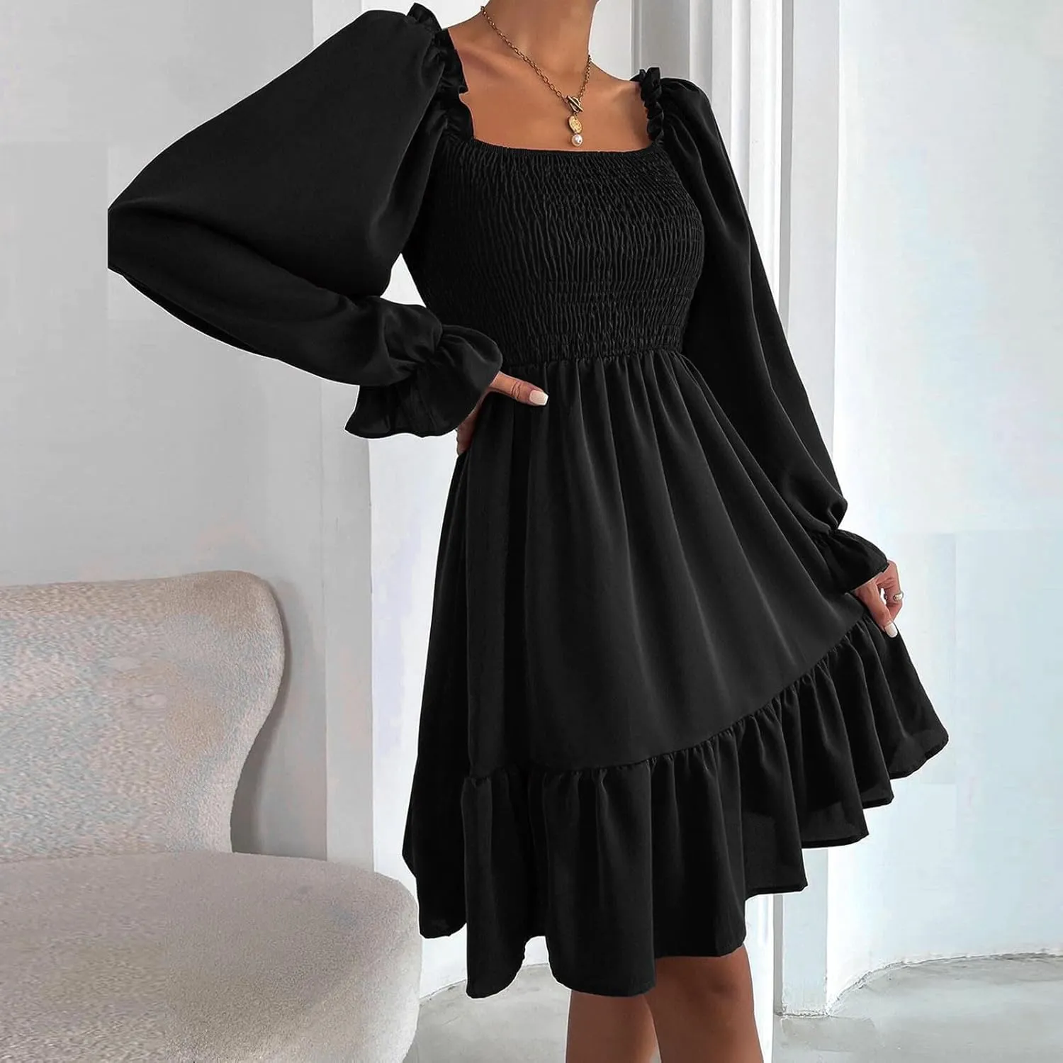 Women's Summer Dresses Boho Square Neck Smocked Bell Long Sleeve Casual A-Line Swing Ruffle Mini Babydoll Dress