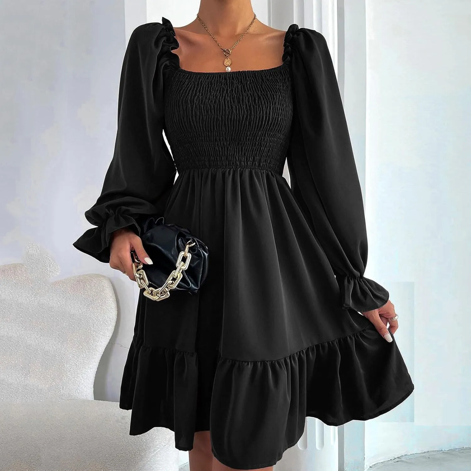 Women's Summer Dresses Boho Square Neck Smocked Bell Long Sleeve Casual A-Line Swing Ruffle Mini Babydoll Dress