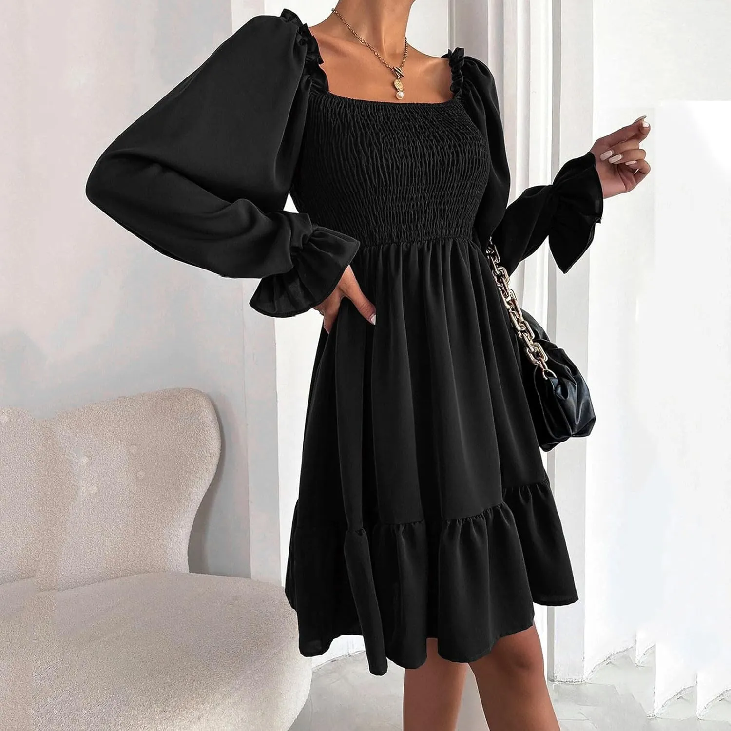 Women's Summer Dresses Boho Square Neck Smocked Bell Long Sleeve Casual A-Line Swing Ruffle Mini Babydoll Dress