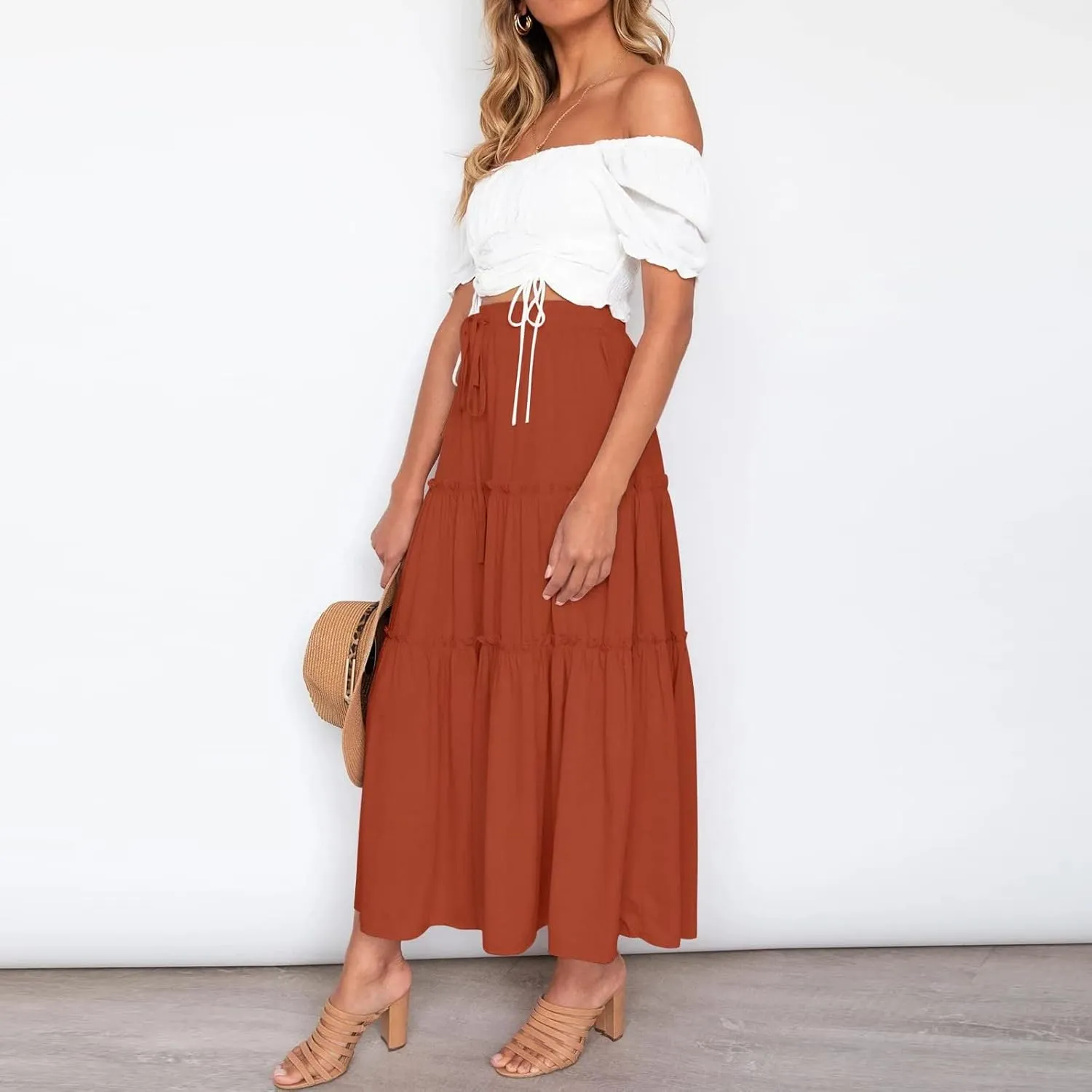 Women's Summer Elastic High Waist Boho Maxi Skirt Casual Drawstring A Line Long Skirt Princess Skirt