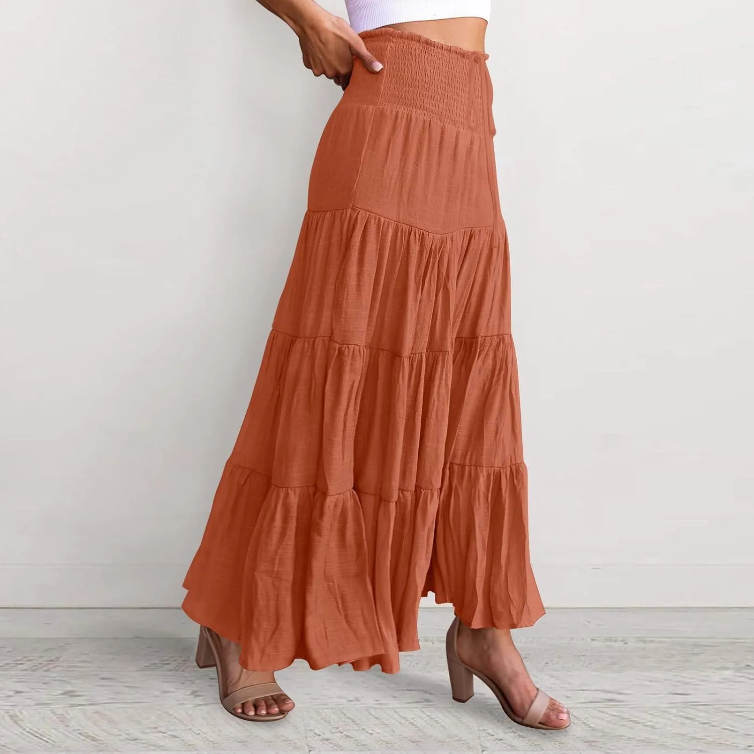 Women's Summer Elastic High Waist Boho Maxi Skirt Casual Drawstring A Line Long Skirt Princess Skirt