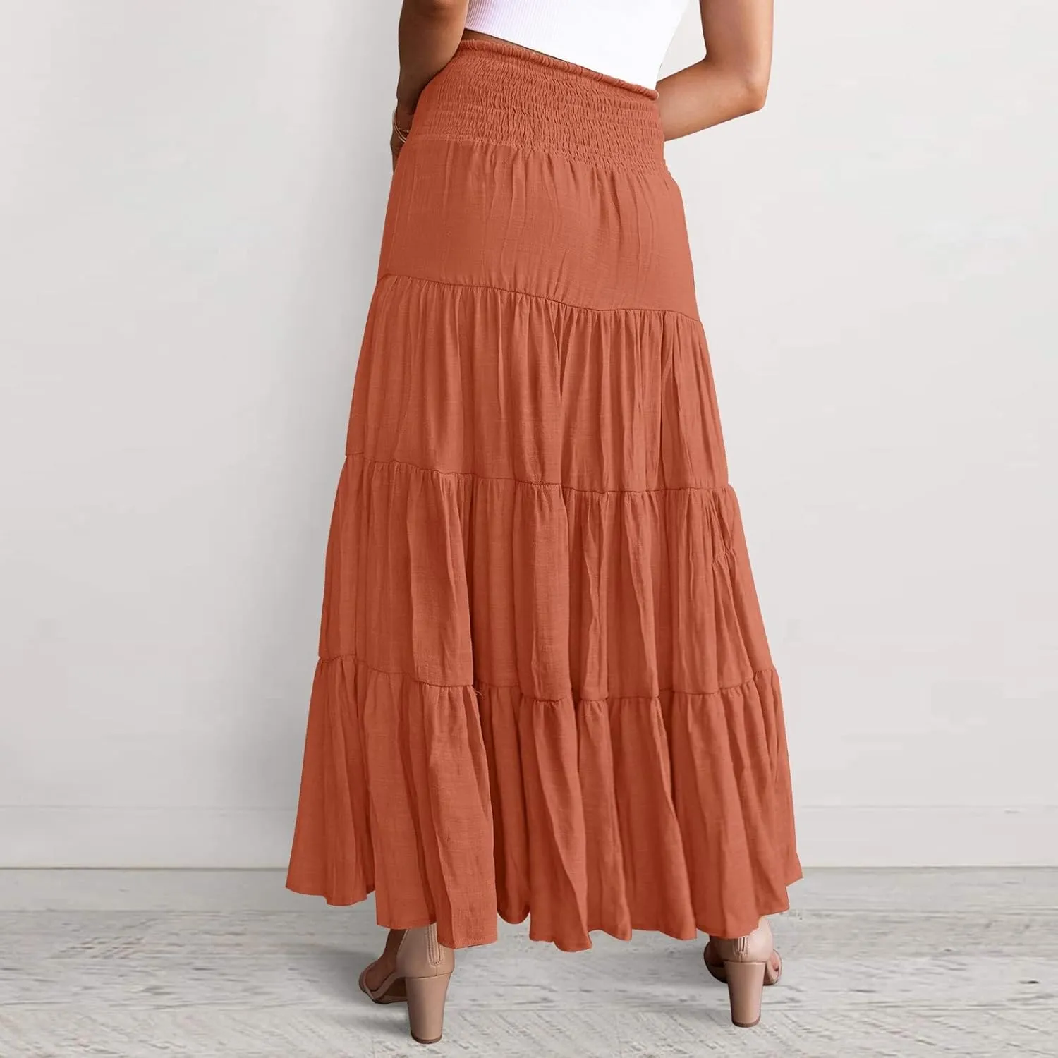 Women's Summer Elastic High Waist Boho Maxi Skirt Casual Drawstring A Line Long Skirt Princess Skirt
