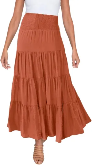 Women's Summer Elastic High Waist Boho Maxi Skirt Casual Drawstring A Line Long Skirt Princess Skirt