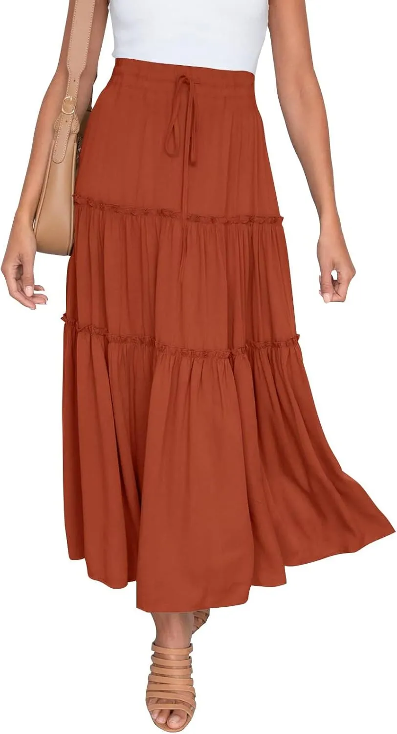 Women's Summer Elastic High Waist Boho Maxi Skirt Casual Drawstring A Line Long Skirt Princess Skirt