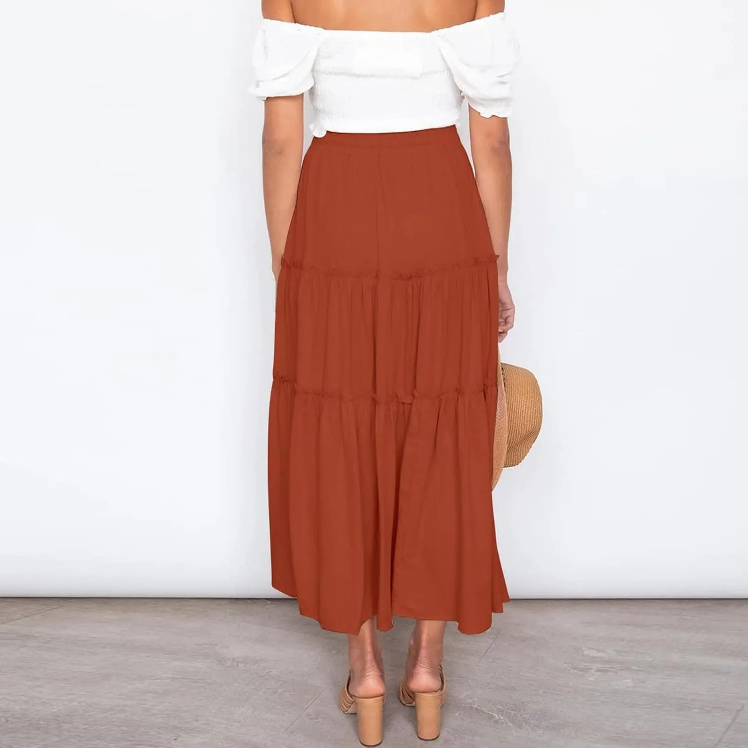 Women's Summer Elastic High Waist Boho Maxi Skirt Casual Drawstring A Line Long Skirt Princess Skirt