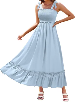 Women's Summer Spaghetti Strap Maxi 2024 Square Neck Boho Smocked Tiered Beach Long Flowy Sundress