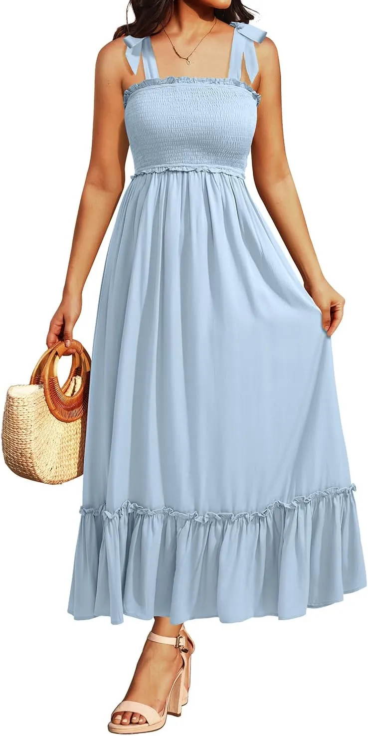Women's Summer Spaghetti Strap Maxi 2024 Square Neck Boho Smocked Tiered Beach Long Flowy Sundress