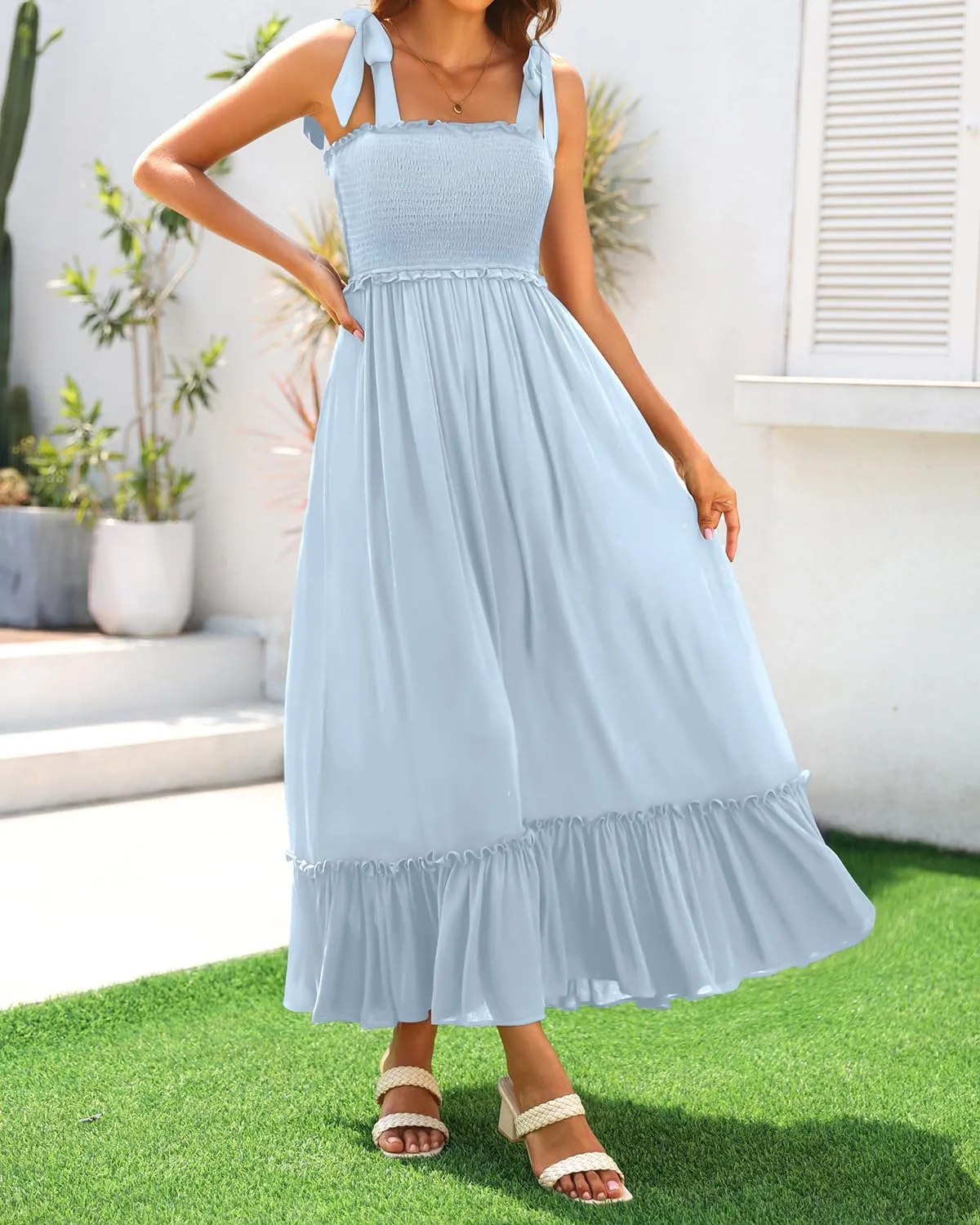 Women's Summer Spaghetti Strap Maxi 2024 Square Neck Boho Smocked Tiered Beach Long Flowy Sundress