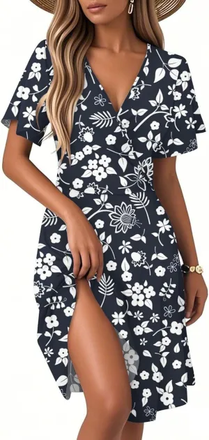 Womens Sundress Summer Casual Swing Floral Short Sleeve Beach Vacation Dresses Wrap V Neck A-Line Midi Dress 2025