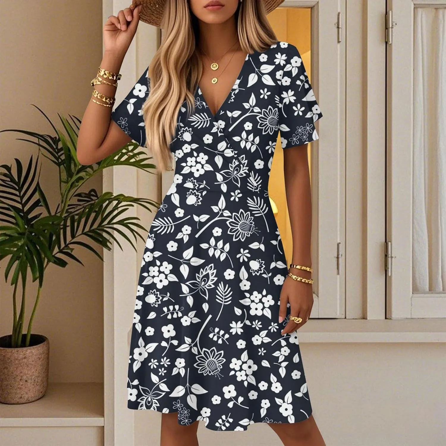 Womens Sundress Summer Casual Swing Floral Short Sleeve Beach Vacation Dresses Wrap V Neck A-Line Midi Dress 2025