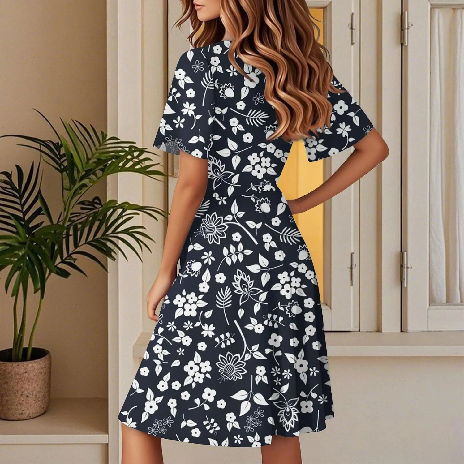 Womens Sundress Summer Casual Swing Floral Short Sleeve Beach Vacation Dresses Wrap V Neck A-Line Midi Dress 2025